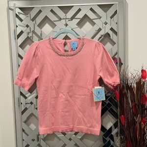 NWT - CeCe Knit Round Neck Short Sleeve Embellished Top - Size S